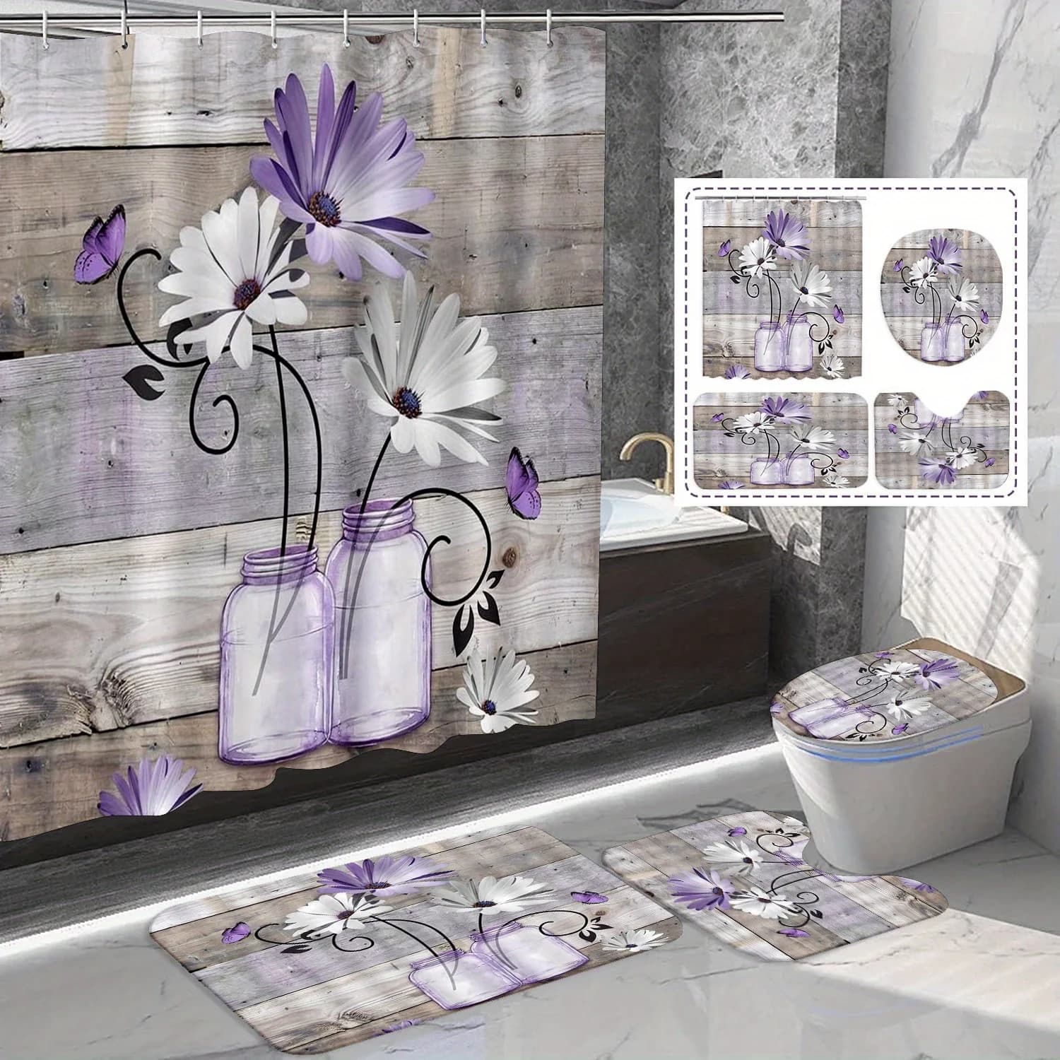 4-piece bathroom decoration in purple daisy design, including shower curtain, non-slip bath mat, toilet seat cover, U-shaped mat