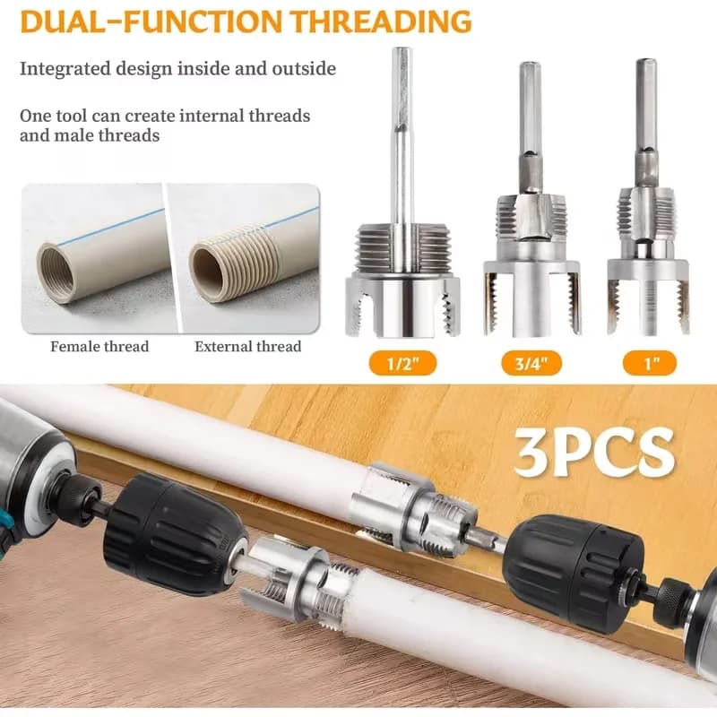 Utensile per Filettatura Tubi PVC, Tagliatubi per Filettatura, Attrezzo per Filettatura Interna ed Esterna per Tubi dell'Acqua, Compatibile con Trapano Elettrico