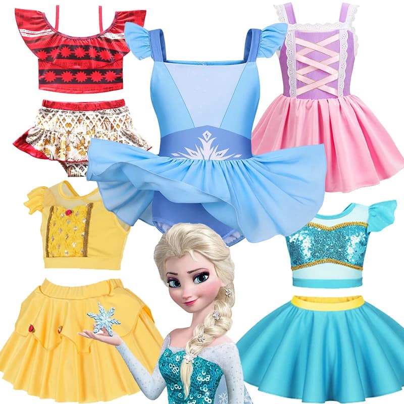 Set di costumi da bagno a tema Disney Princess per ragazze, per l'estate, abbigliamento da spiaggia, feste in piscina, costumi da bagno Jasmine Elsa Rapunzel Belle per bambini