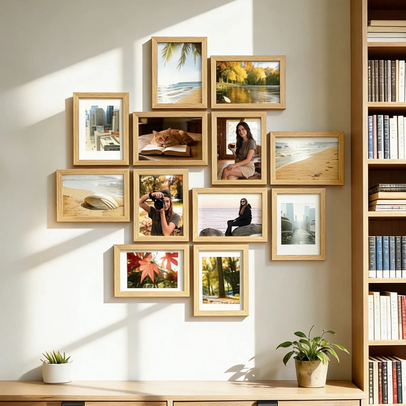 Set di 12 Cornici in Legno con Guida per l'Allineamento a Parete, Cornici Multifunzione, Regalo Commemorativo e Accessori per Arredamento Casa