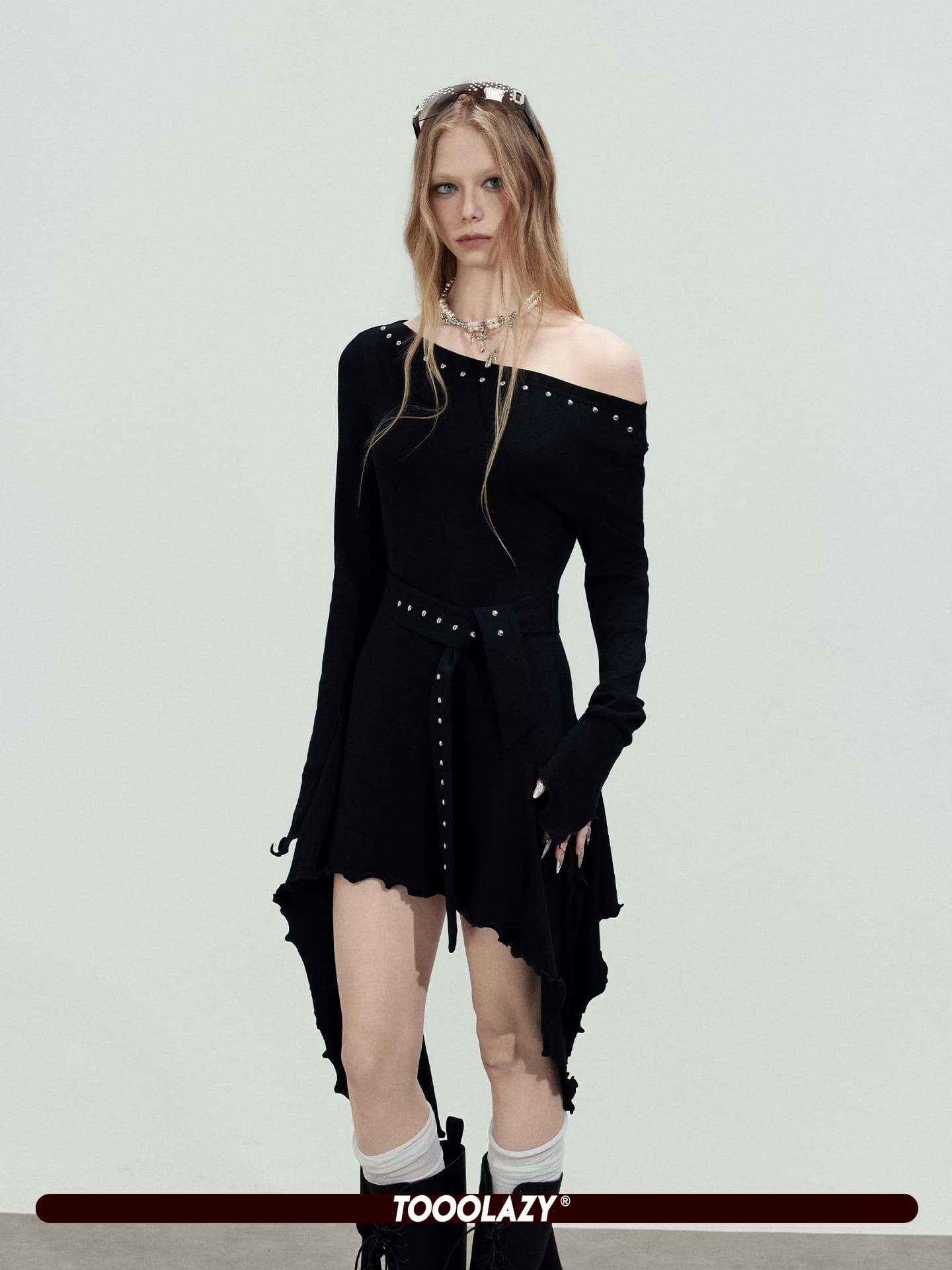 TOOOLAZY 2026 Spring Rivet Sash Oblique Shoulder Dress Personality Miniature Slimming Asymmetrical Short Skirt Casual Style
