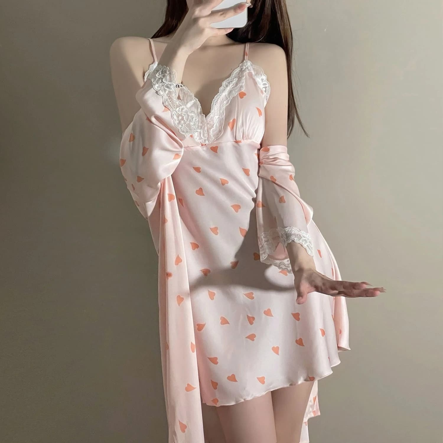 Print LOVE Twinset Robe Set Women Lace Kimono Bathrobe Gown Sleep Suit Summer Nightgown Sleepwear Satin Home Dress Loungewear