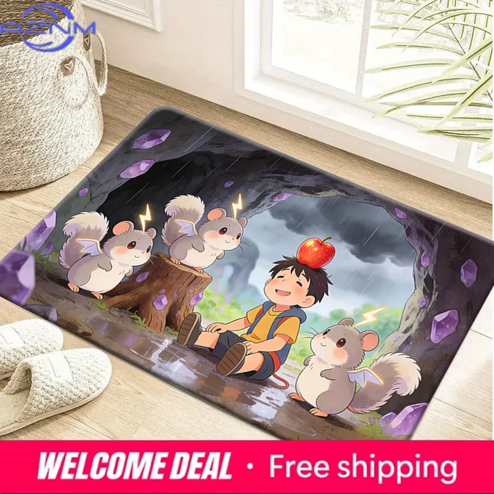 Cute Anime Boy & Sparkling Squirrels Non-Slip Doormat Soft Flannel Floor Mat