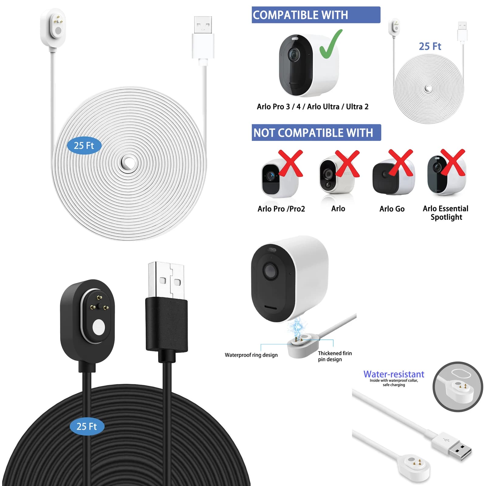 Cavo di ricarica resistente alle intemperie da 25 piedi/7,6 m per Arlo Ultra/Ultra 2/Pro 3/Pro 4/Go 2/PRO 5S con caricatore rapido porta USB