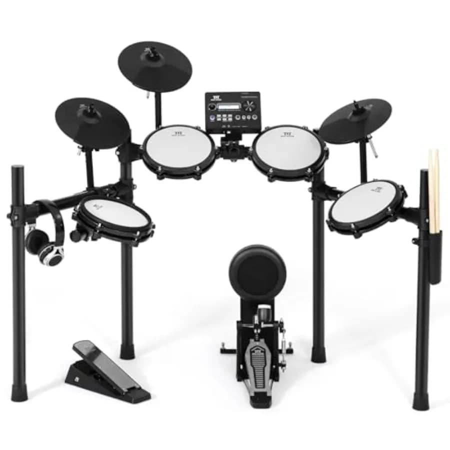Set Batteria Elettronica 10 Pezzi con 450 Suoni, Pad Mesh Silenziosi, 2 Piatti con Choke, Grancassa, 2 Pedali, Cuffie, Bacchette, USB, MIDI
