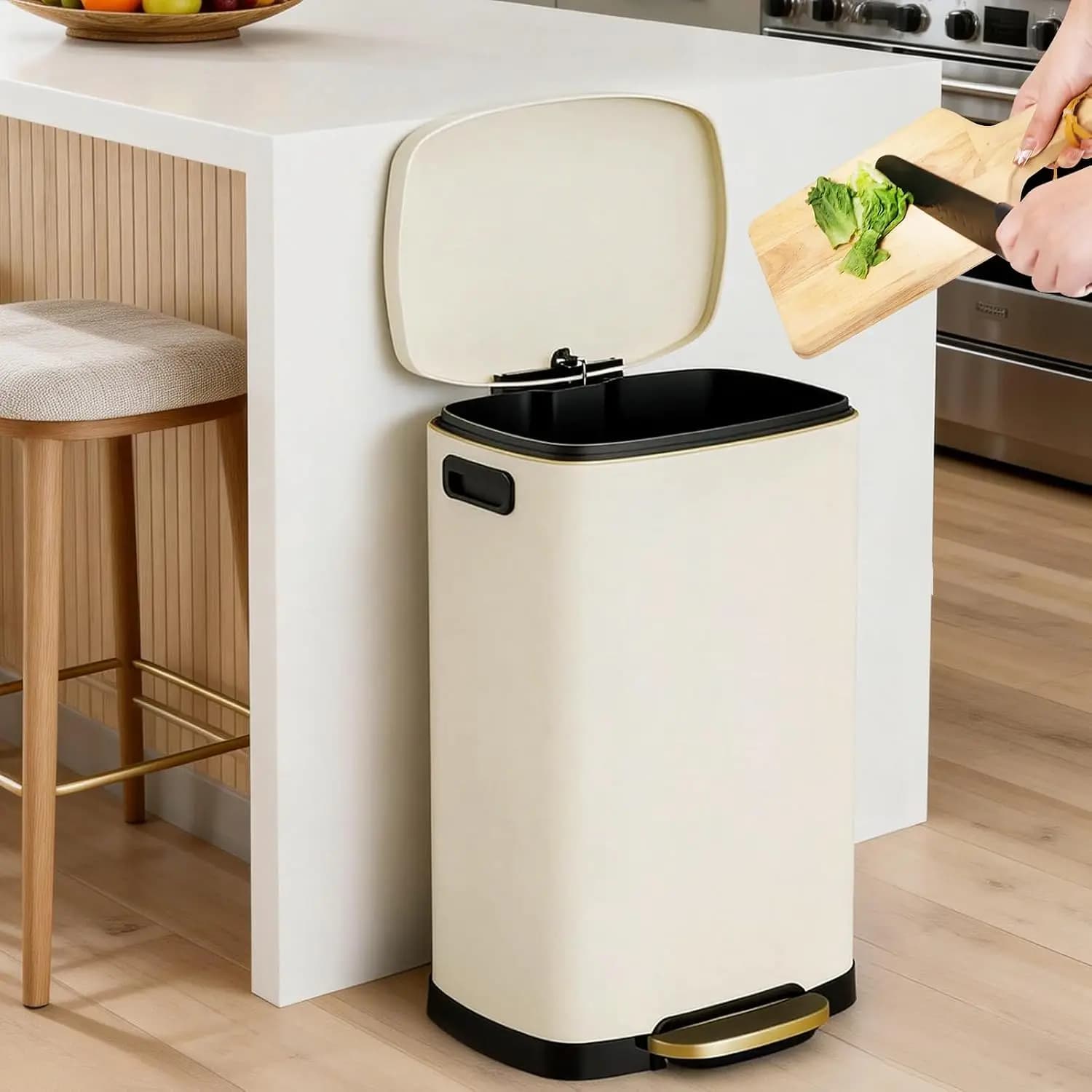 13 Gallon Kitchen Stainless Steel Pedal Trash Can, Soft Close Lid Foot‑Operated Garbage Bin with 20 Trash Bags for Home Office