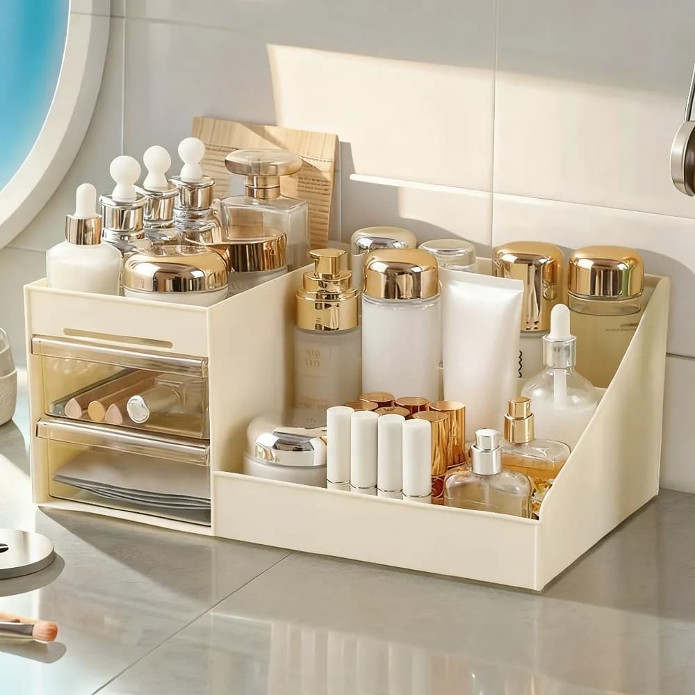 Scatola portaoggetti cosmetica con cassetto a nastro color crema, adatta per rossetto, ombretto, pennello per il trucco, bastoncini di cotone, maschera viso