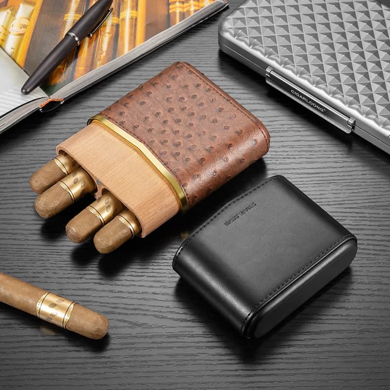 Portable 4-Pack Cigar Case Cow Leather Humidor Box Natural Cedar Wood Moisturizing Snug Fit Travel Cigar Storage