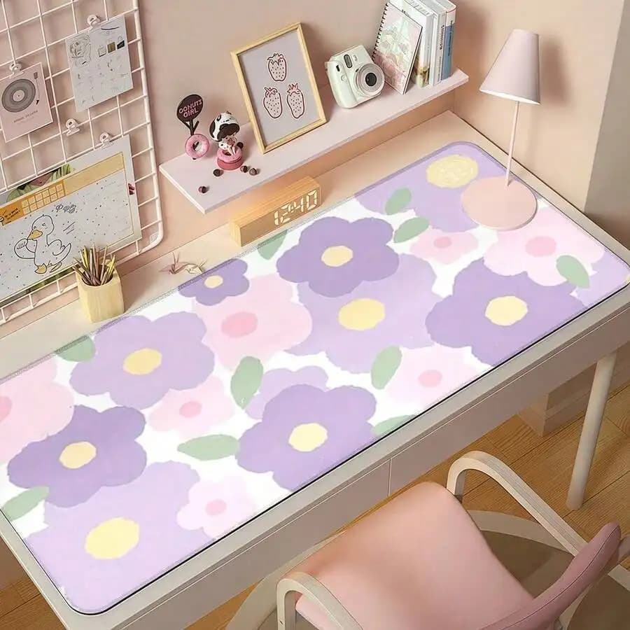 Tappetino per mouse con fiori viola - Grande tappetino estetico da scrivania, grazioso poggiapolsi floreale per tastiera da gaming