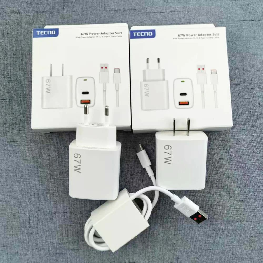 Tecno 67W Caricabatterie rapido EU/US 2 porte Adattatore di alimentazione a ricarica rapida 6A Tipo C Cavo per Tecno Spark Camom 40 30 20 10 Pro + 30S Pova7