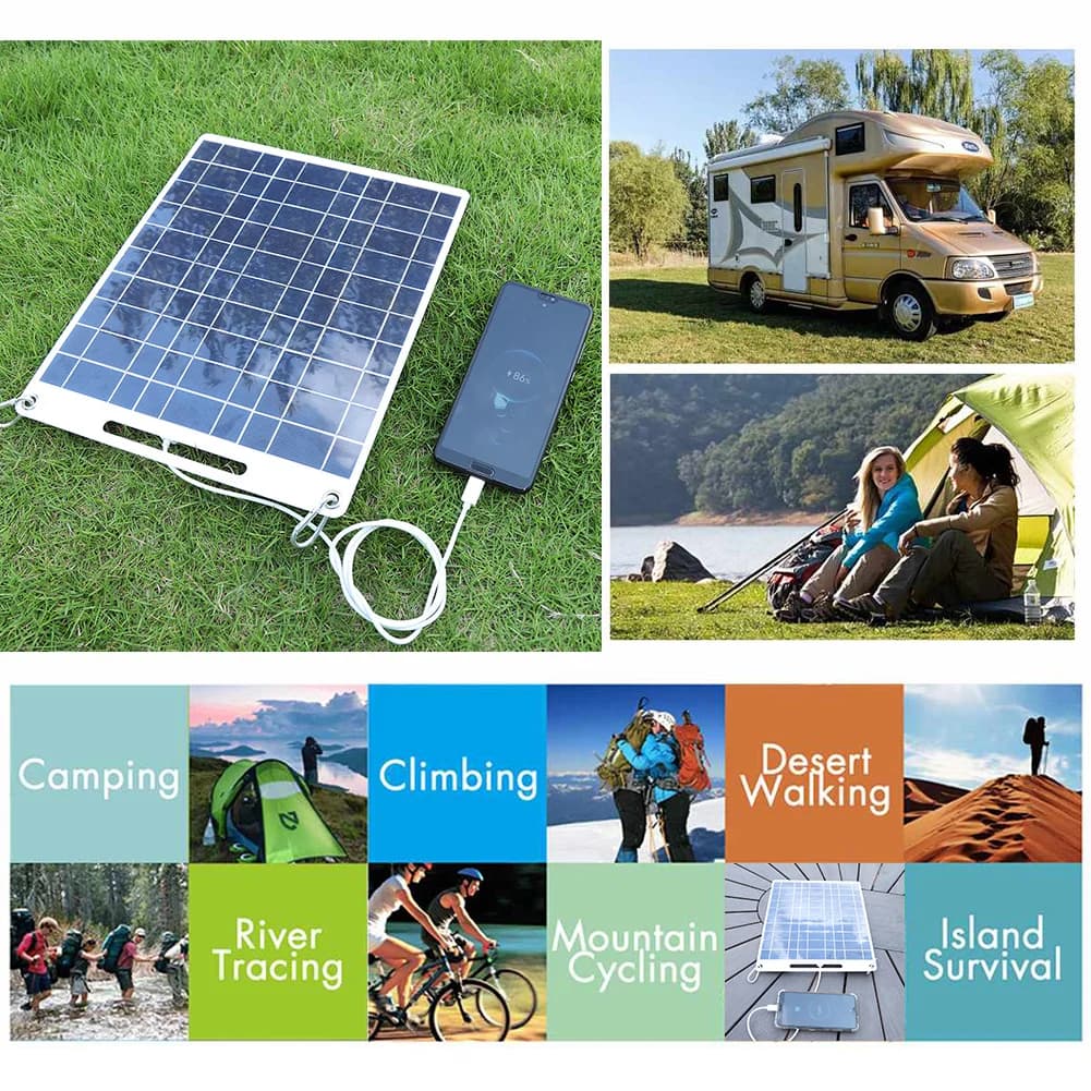 30W 5V Portable Solar Panel Polysilicon Solar Panel Charger with 2 Carabiners Phone Power Bank for 3.6V-5V Battery/Phone Charger