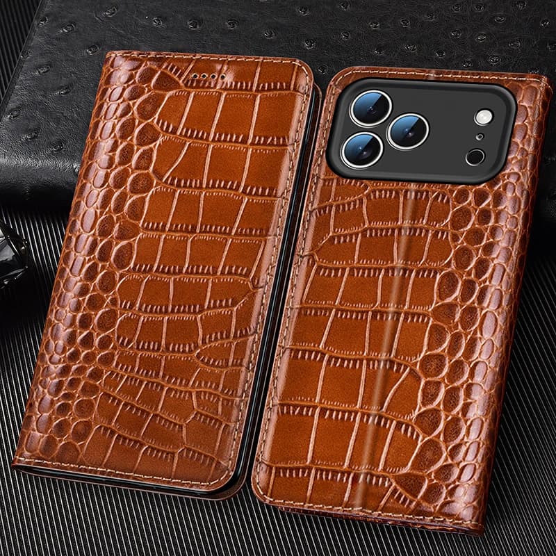 Crocodile Genuine Leather Flip Case for iPhone 17 16 16E 15 14 13 12 11 8 X XS Pro Max Plus Luxury Card Slots Wallet Cover Funda