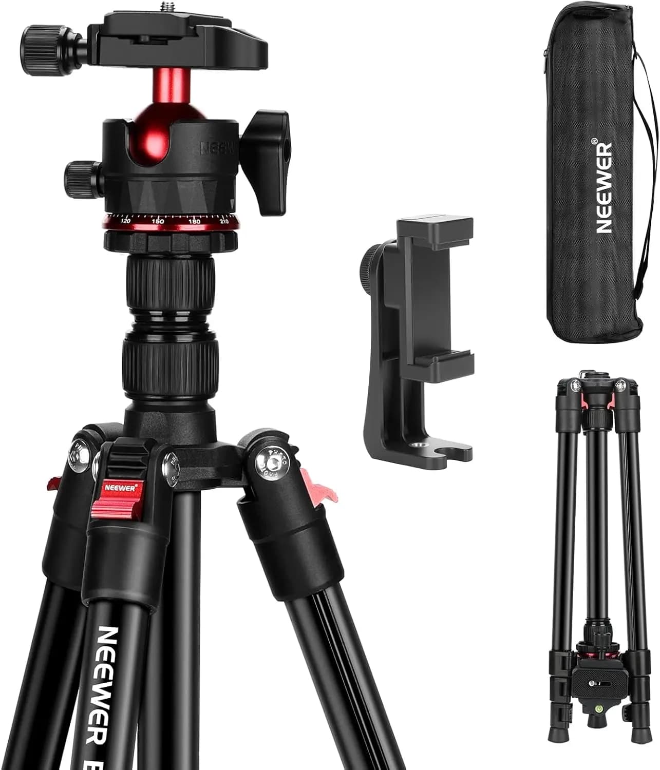 Treppiede da viaggio compatto per fotocamere DSLR, supporto leggero da 72" con testa a sfera e supporto per telefono, carico massimo 13,2 libbre