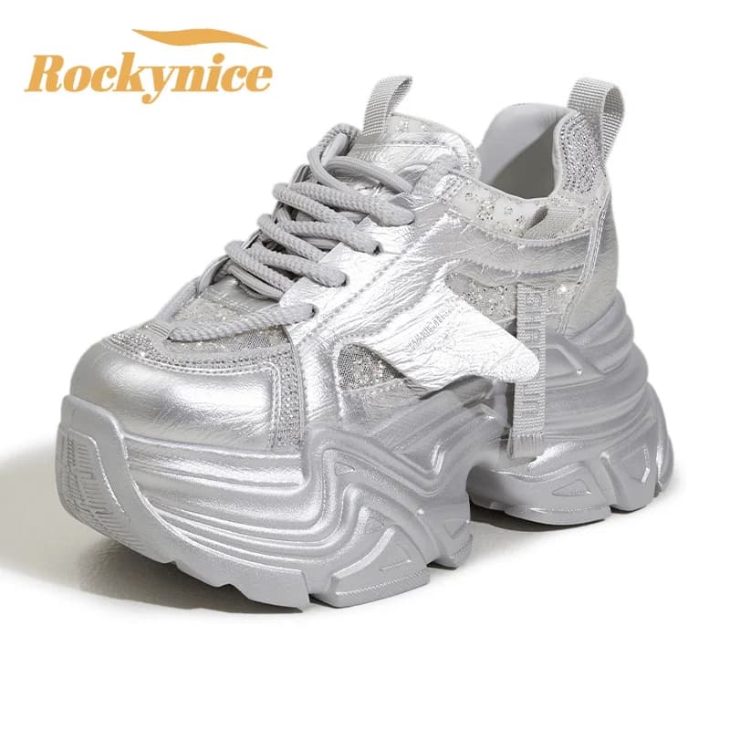 High Platform Air Mesh Microfiber Leather Sneakers Leisure Sports Shoes Women's Vulcanize Shoes Bling Rhinestones Shiny Sneakers