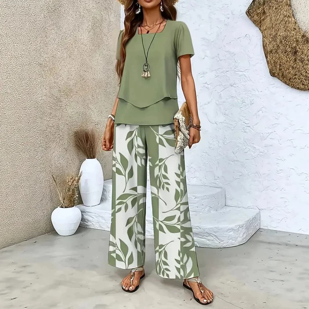 2026 Summer Women's Printed Top Wide Leg Pants Set Independent Station Cross-Border Casual Sportswear Fashionable Commute