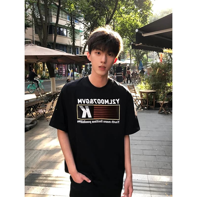 American High Street 300g Heavyweight Short Sleeve T-Shirt Men Summer Letter Print Seven-Five Sleeve High-End New Top
