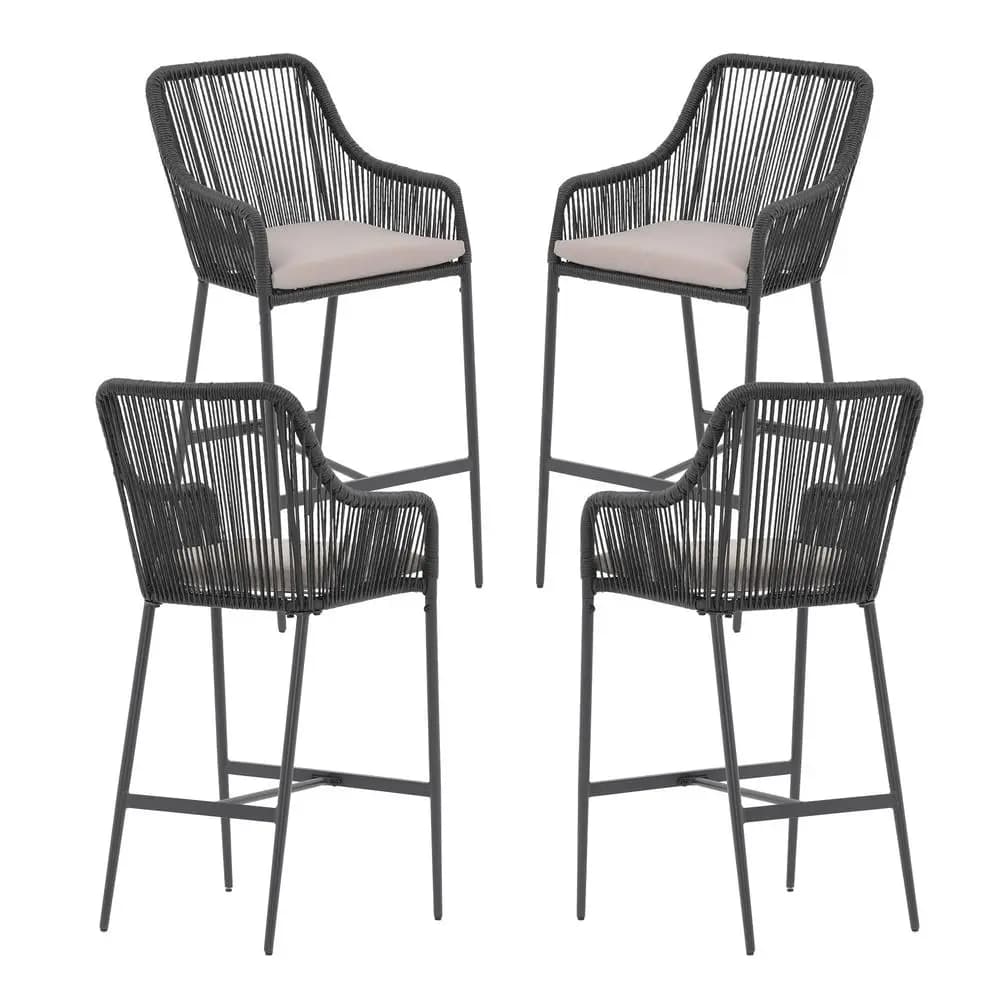 Set di 4 Sgabelli da Bar in Vimini, Sedie da Esterno in Rattan con Cuscini, Braccioli e Poggiapiedi per Interni, Giardino, Piscina