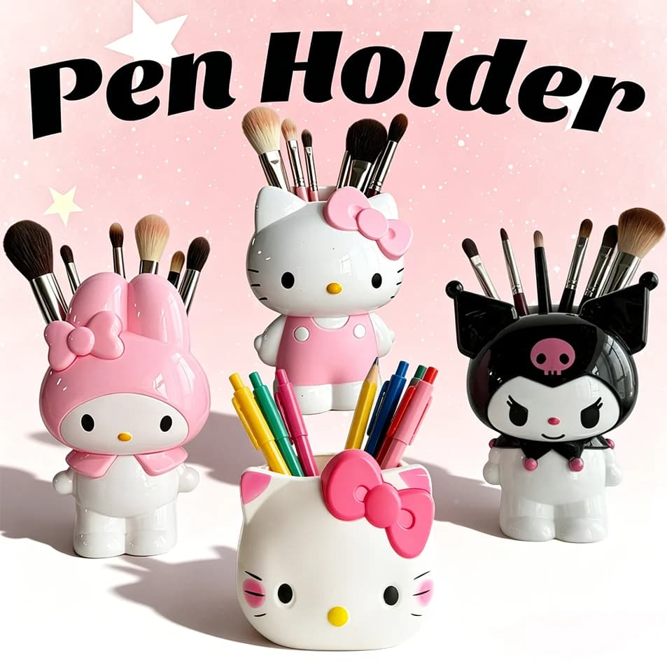 3D Kitty Melody Pen Holder Cute Cartoon Plastic Makeup Brush Container Multi-functional Storage Organizer Home Office Desk Decor
