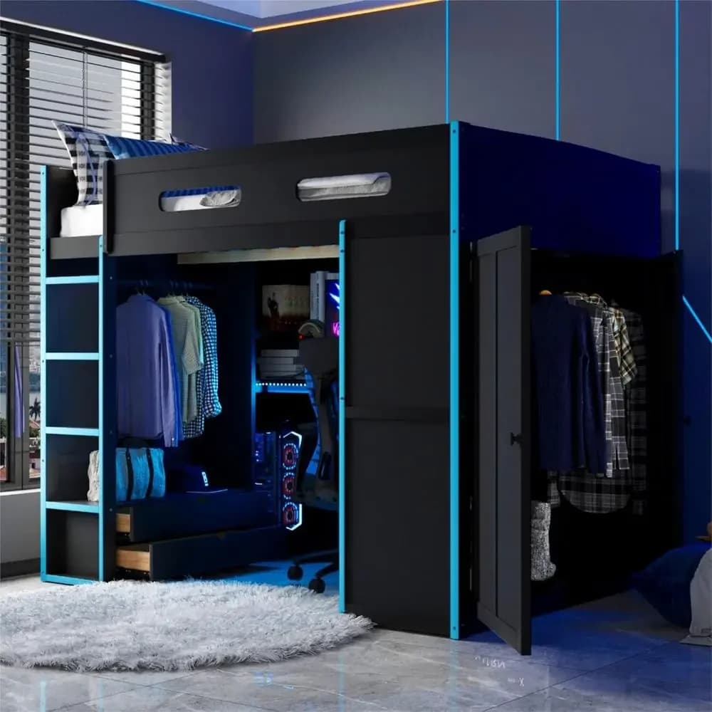 Full Size Gaming Bed with Desk, Wardrobe, Storage, and RGB Lighting for Kids' Bedroom in Cloud Blue