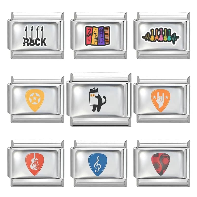 New Design Reading Newspaper Cute Cat Guitar Rock Music Italian Charm Links Fit 9MM Stainless Steel Bracelet Jewelry DIY Making