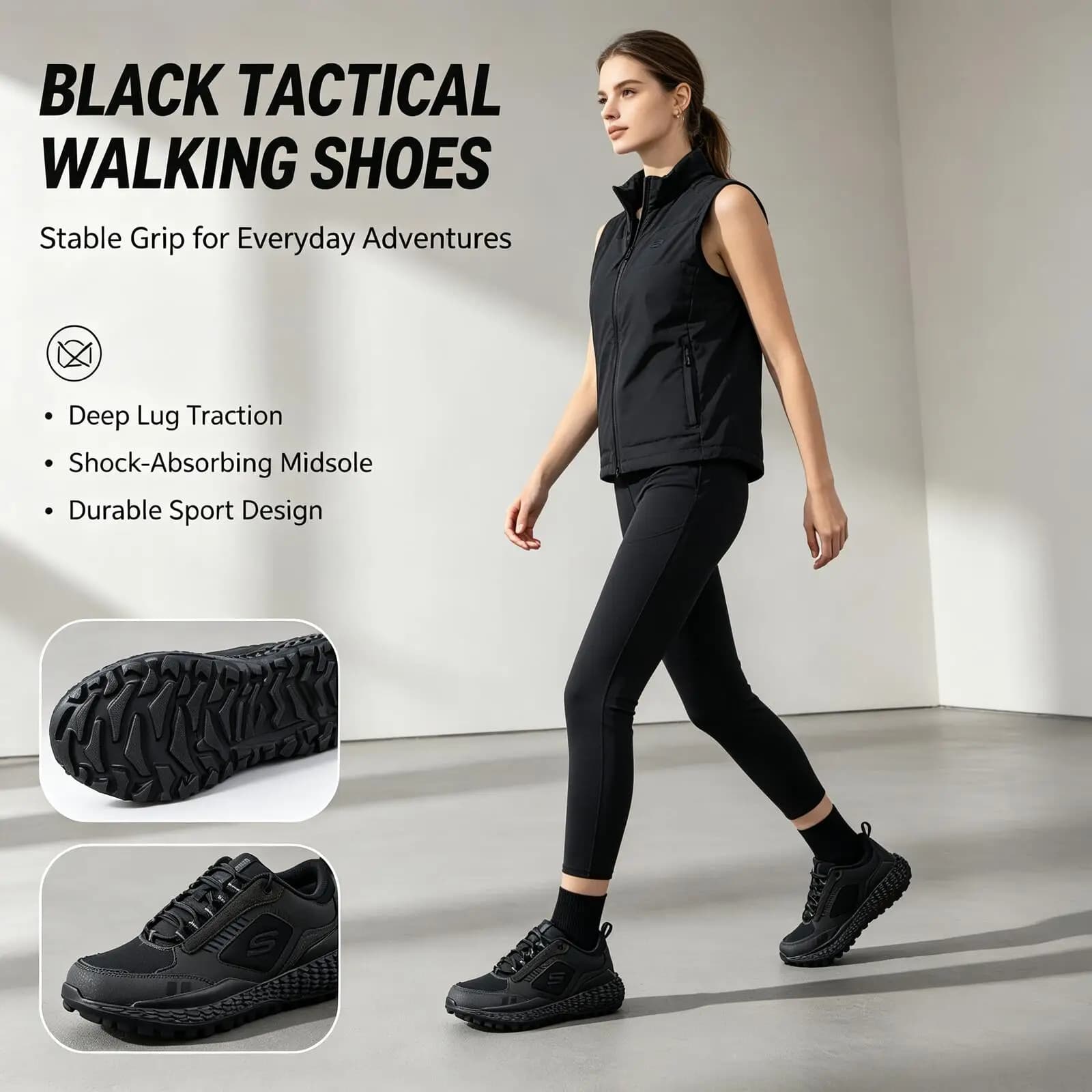 Skechers Black All-Terrain Outdoor Sneakers for Men Women Rugged Non-Slip Thick Sole Walking Shoes Durable Tactical Sport Shoes