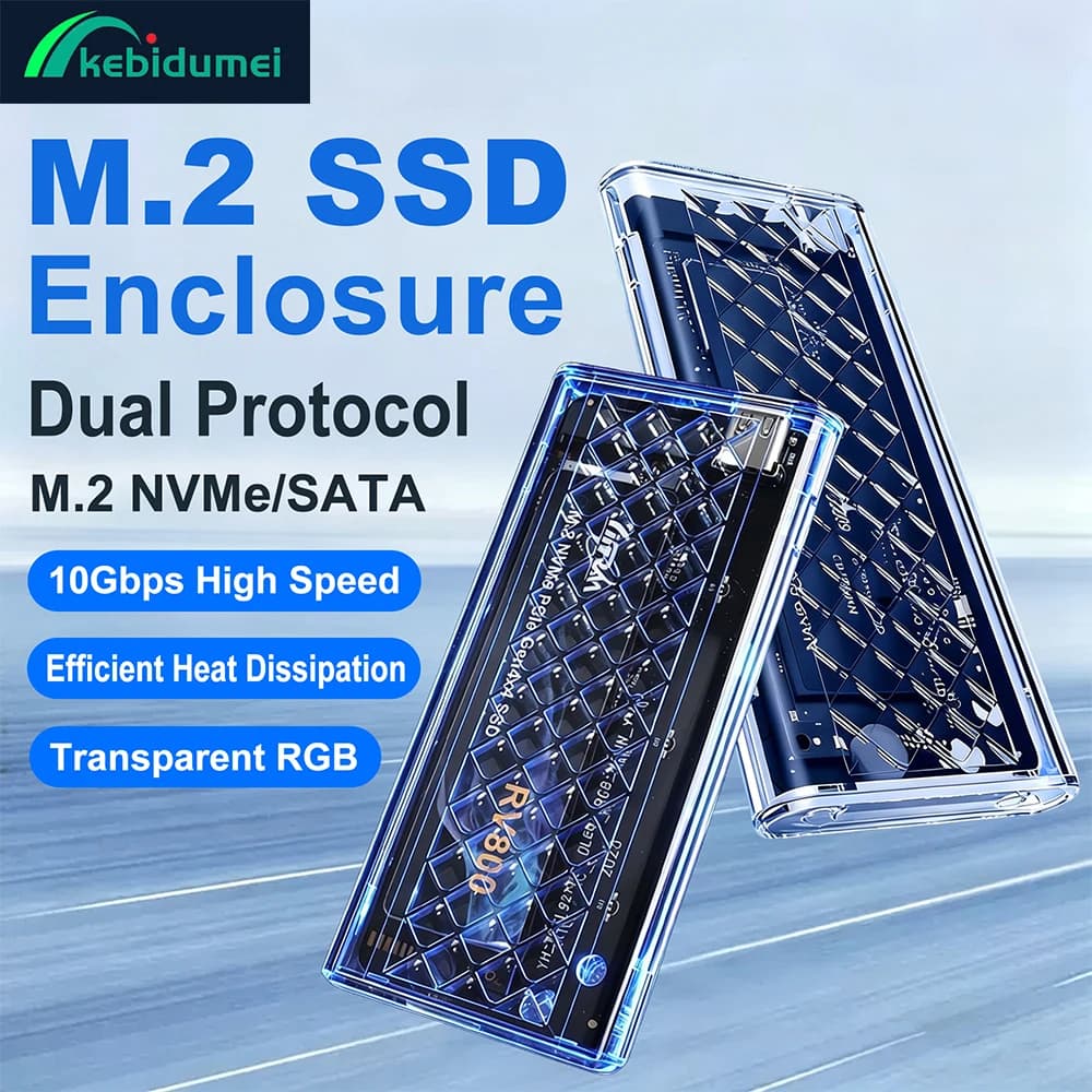Kebidumei M.2 SATA NVMe SSD CASE 10Gbps Adattatore Esterno USB3.2 Trasparente con Luce RGB per Unità M Key e M&B Key