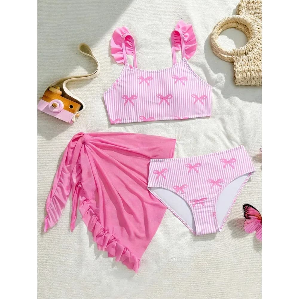 Set bikini con fiocco per ragazze, 3 pezzi, costume da bagno per bambini con gonne a pareo, 8-12 anni, costumi da bagno per bambini, costume da bagno per adolescenti