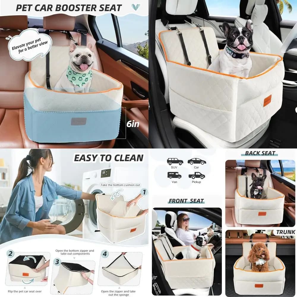 Sedile Auto Portatile per Animali Domestici con Cuscino Spesso per Cani Sotto i 16 kg, Letto da Viaggio Lavabile con Tasche Portaoggetti e 2 Cinture di Sicurezza
