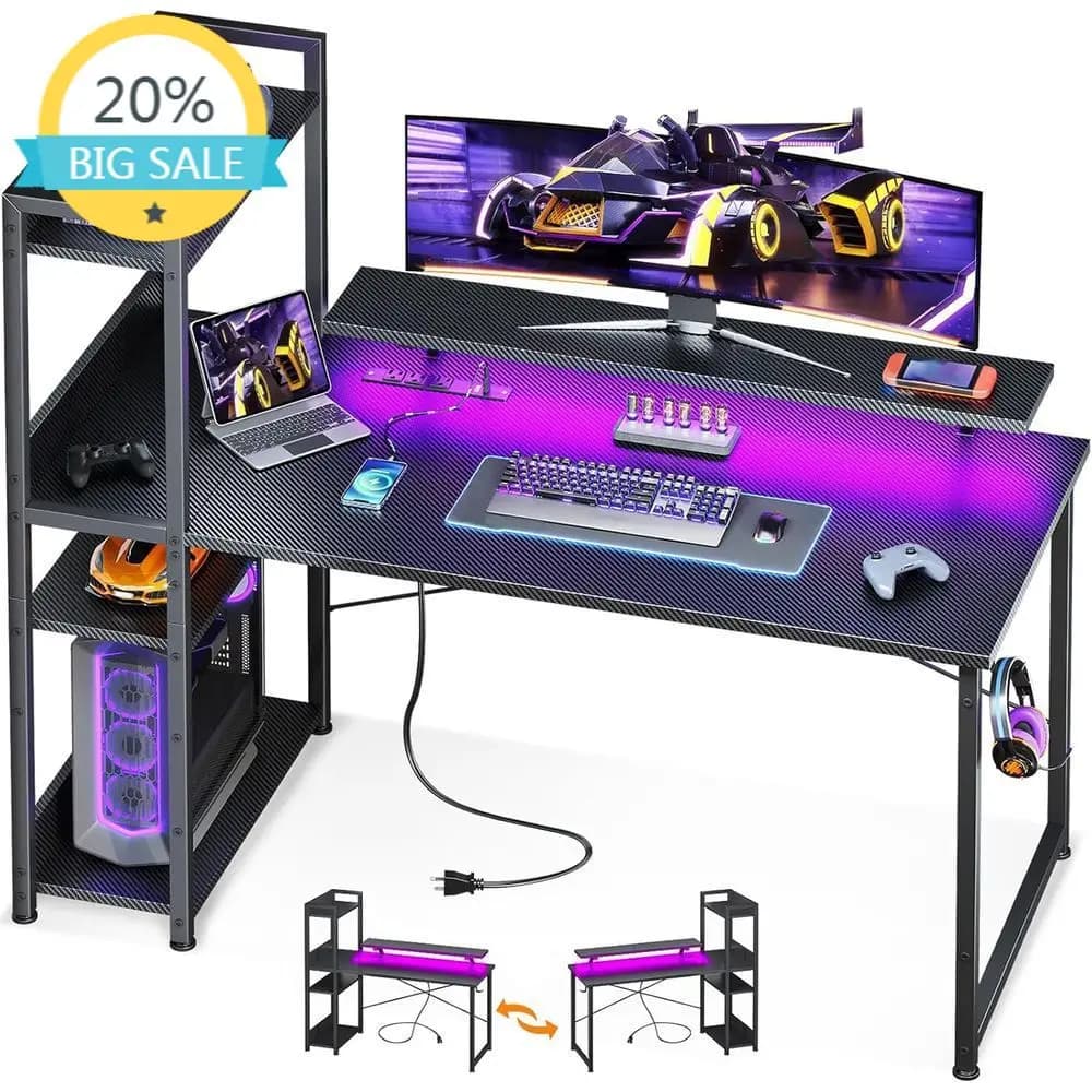 Gaming desk with 48 LEDs, Current sockets, Storage space and Black Carbon Fiber Monitor Support