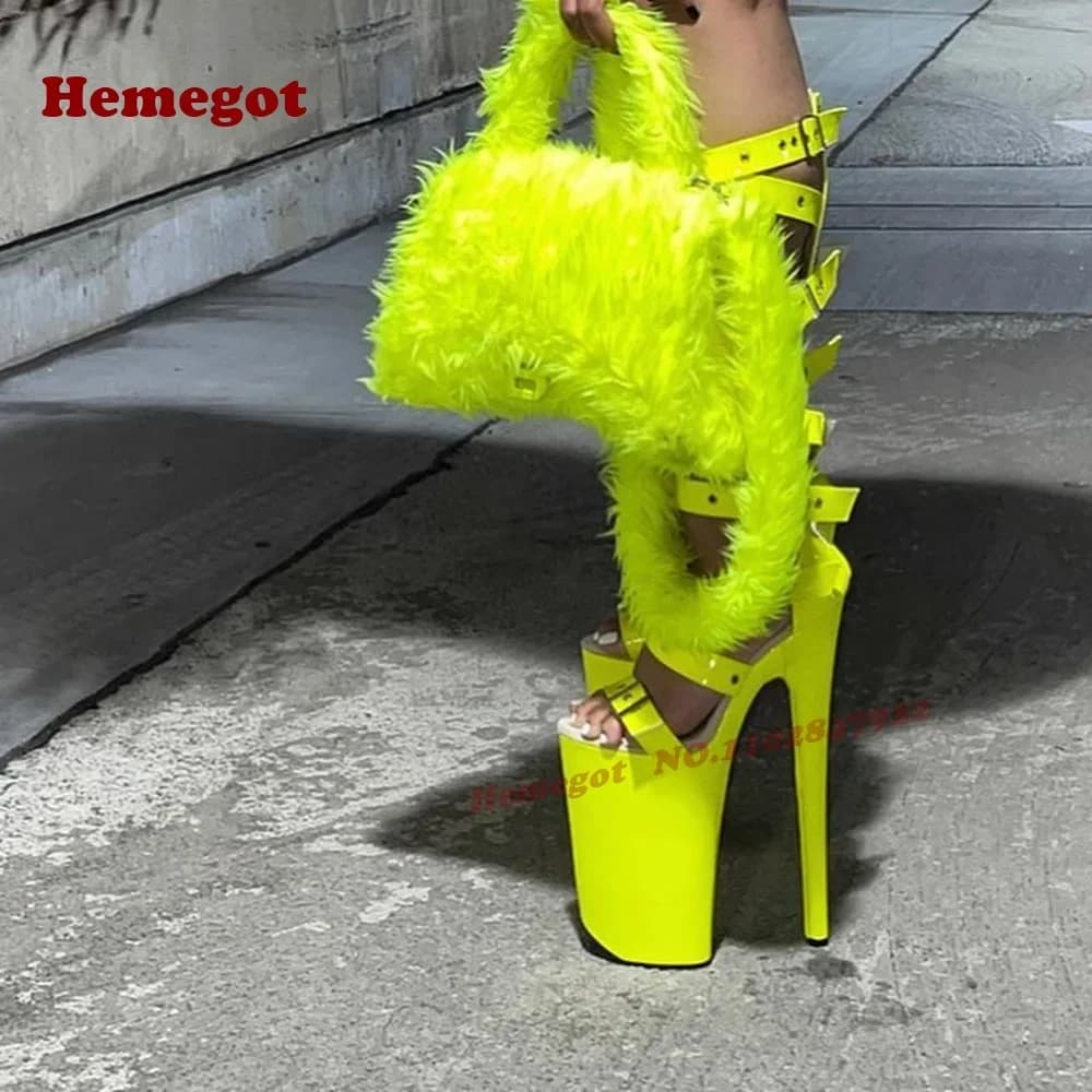 Belt-Buckles Super High Heels Women's Sandals Fluorescent Green Platform Nightclub Sandals Thin Back Zipper Cut Out Shoes Luxury