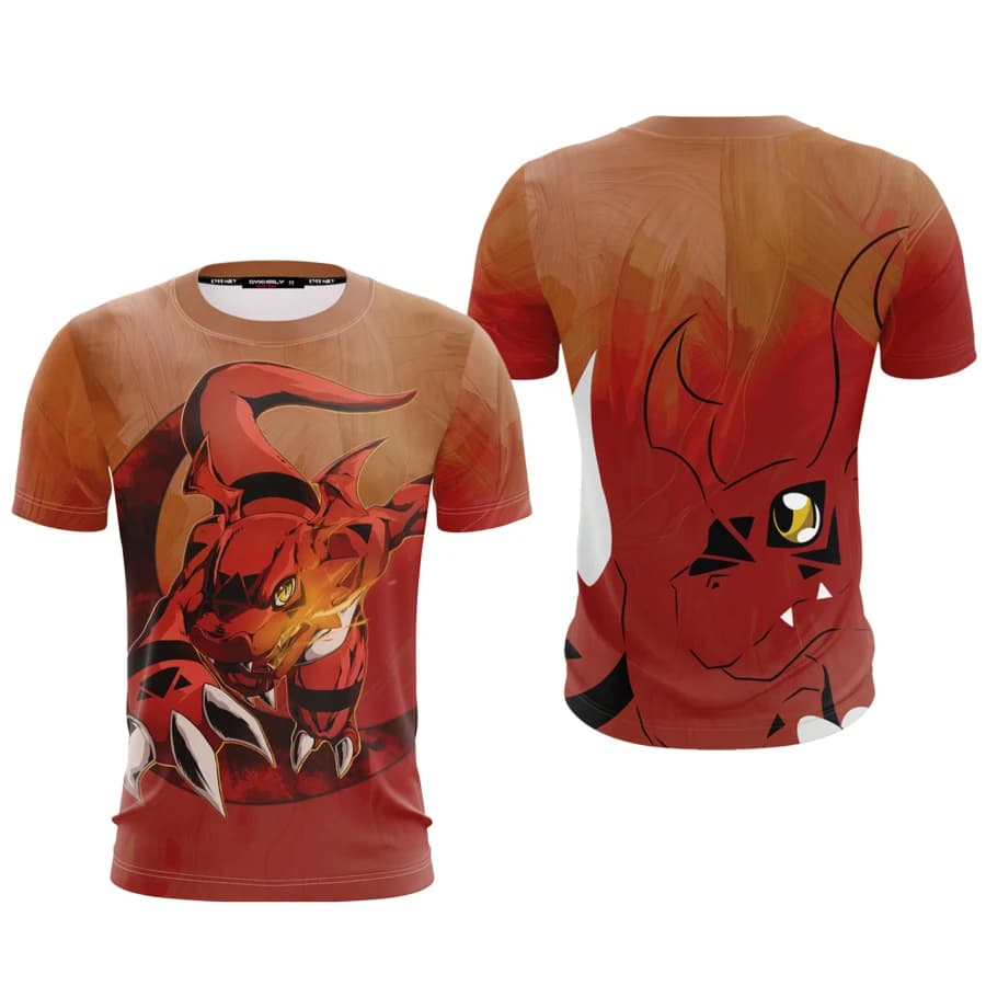 Bandai Digimon Reptile Virus Guilmon Anime T-shirt sportiva con stampa integrale per adulti e bambini, estiva, ad asciugatura rapida, morbida, comoda e leggera