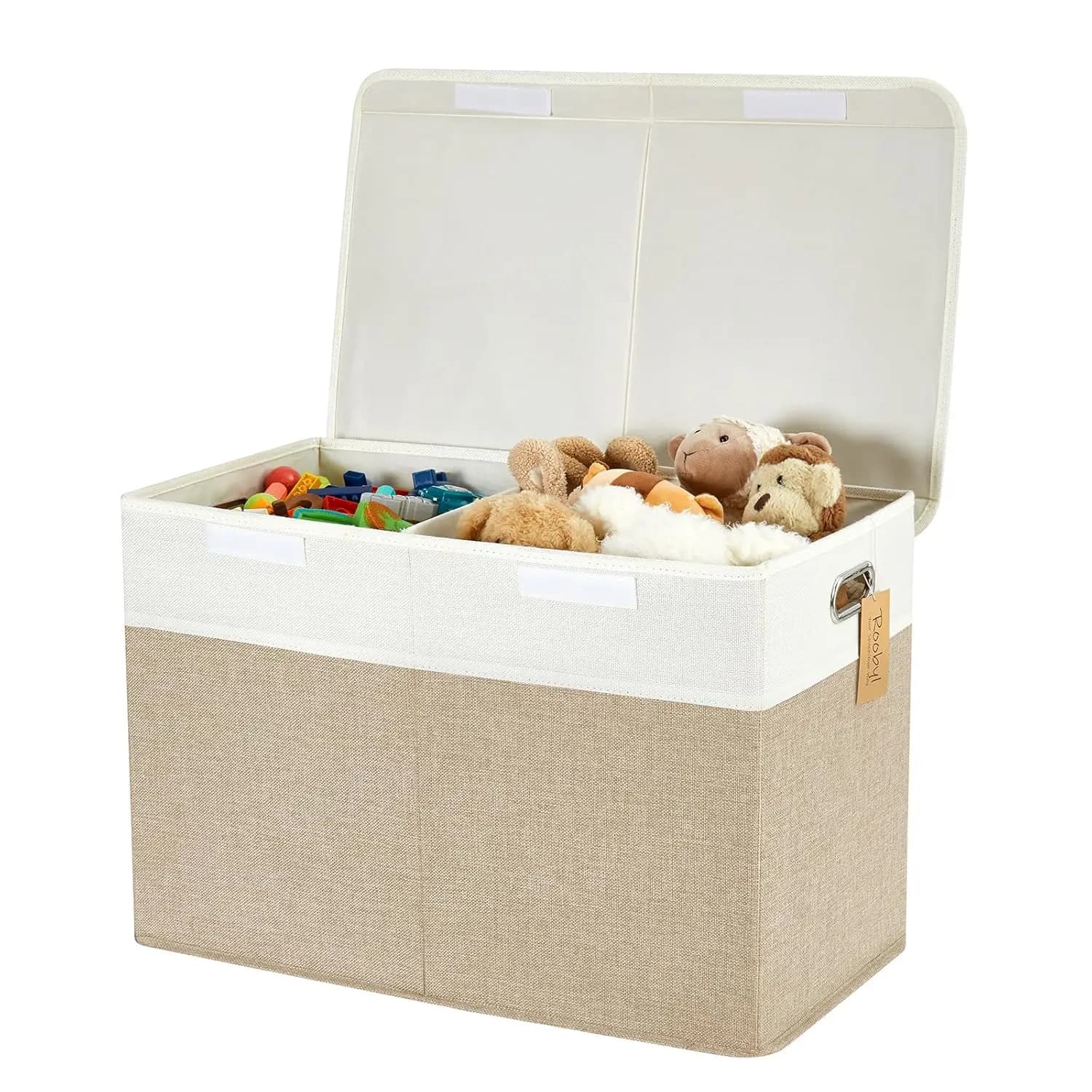 Grande Scatola Pieghevole per Giocattoli con Coperchio, Contenitori Organizzatori con Divisori e Maniglie per Cameretta Bambini 25x13x16 Beige Bianco