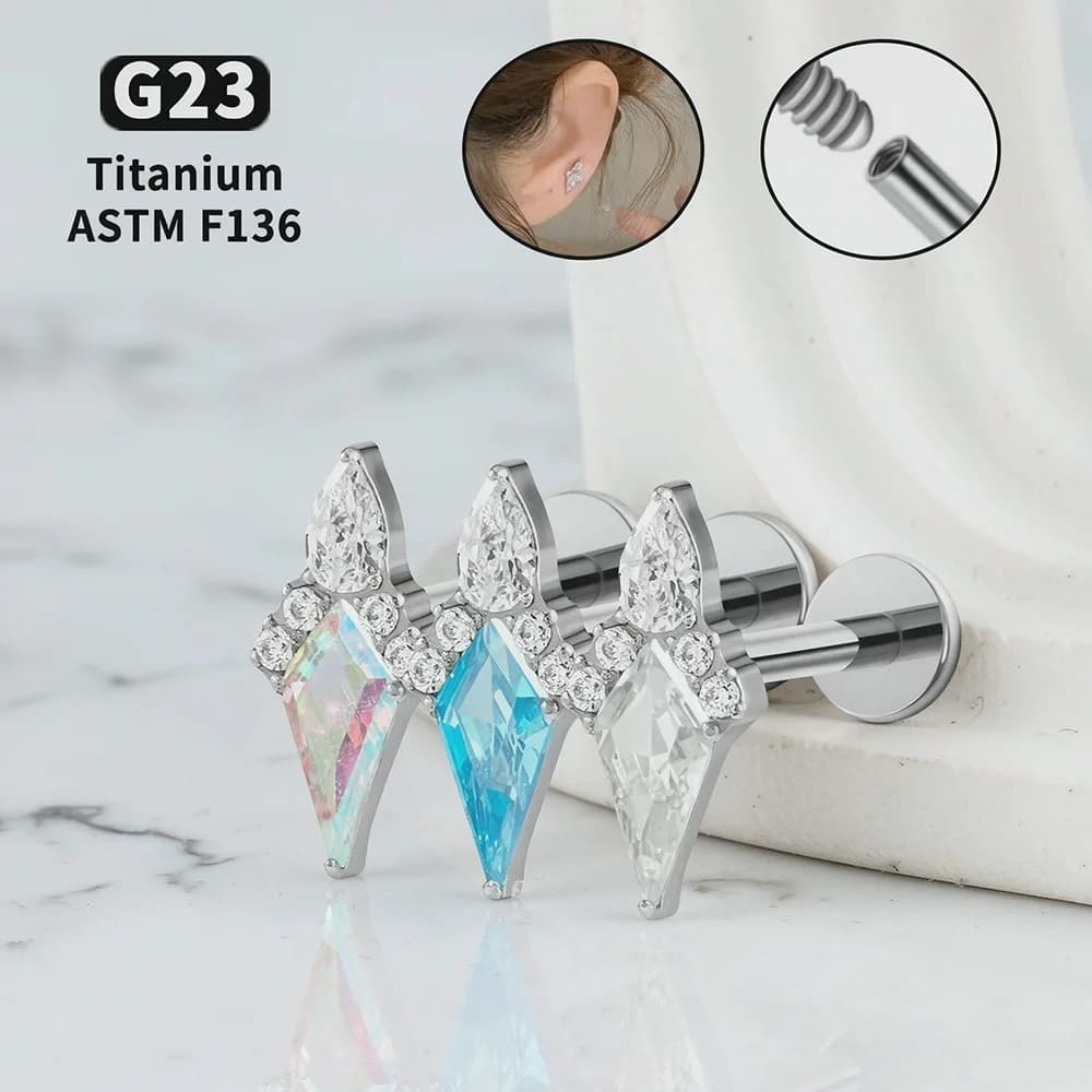 F136 Titanium Kite Stone Lip Piercing 16G Zirconia Threaded Labret Tragus Helix Cartilage Nose Ring Earrings Jewelry