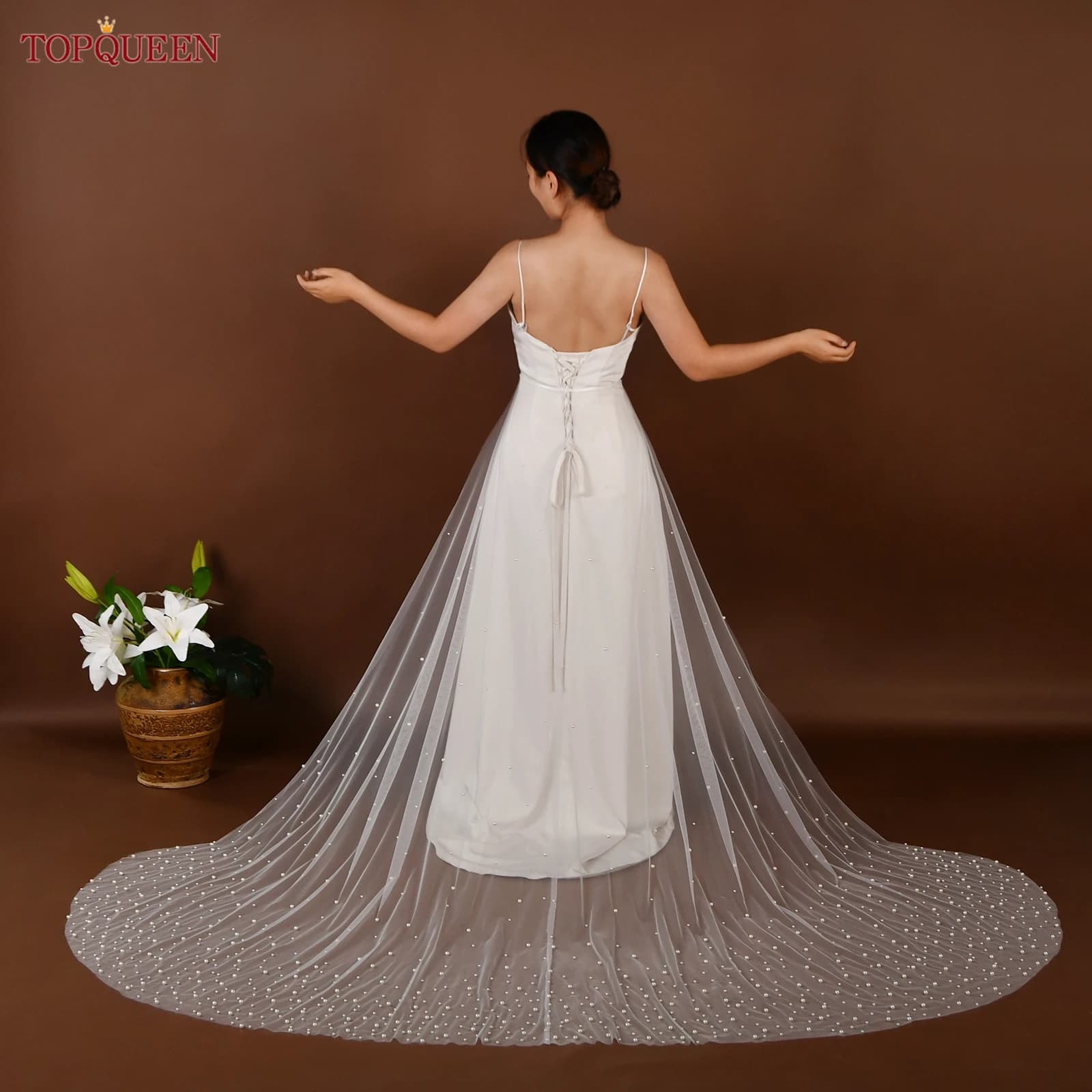 TOPQUEEN V312 Gonna Staccabile da Sposa Donna, Gonna in Tulle con Perle, Sciarpa in Tulle, Strascico Rimovibile, Accessori Personalizzabili