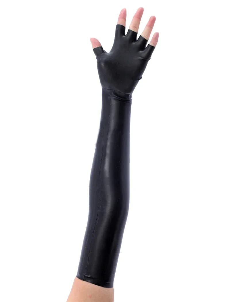 Cosplay Nuovi guanti lunghi neri Schwarz in lattice di gomma con dita aperte taglia S-XXL