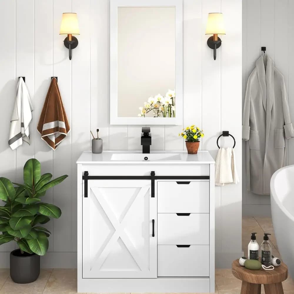 Mobile Bagno Bianco con Lavabo Singolo, Ante Scorrevoli Stile Barn Door e Specchio