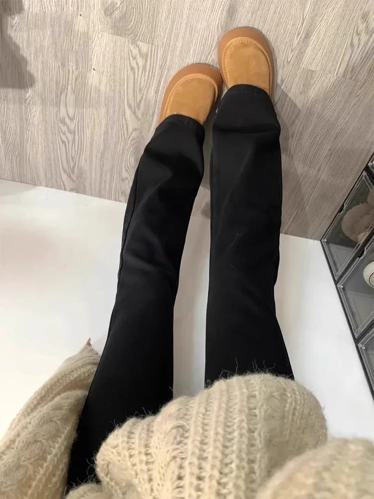 Jeans Micro Flare Elasticizzati a Vita Alta Felpati da Donna, Collezione Primavera Autunno 2026, Taglie Piccole, Lunghezza al Pavimento, Pantaloni Modellanti