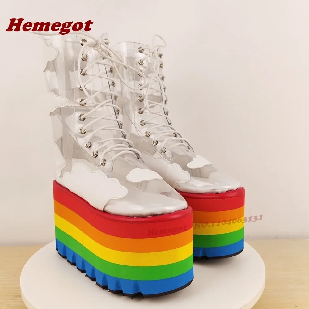 Stivaletti stringati con suola colorata Punta tonda Patchwork Stivali invernali incrociati per donna 2025 Scarpe da passerella di lusso di nuovo arrivo