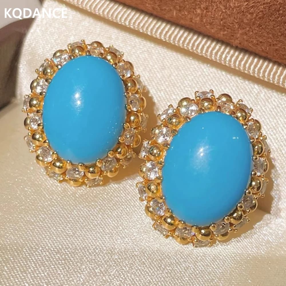 KQDANCE Solid 925 Silver Zircon Synthetic Egg Cut Blue Turquoise Earrings Gold Plated Fine Jewelry For Women Anniversary Gifts
