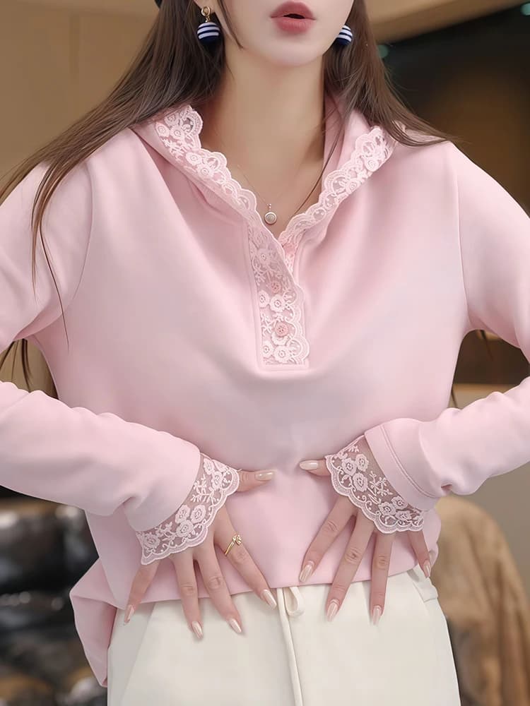 Elegant Pure Cotton Long Sleeve Lace Hoodie T-Shirt Women's Base Shirt Top Spring Autumn New Design Comfortable Breathable