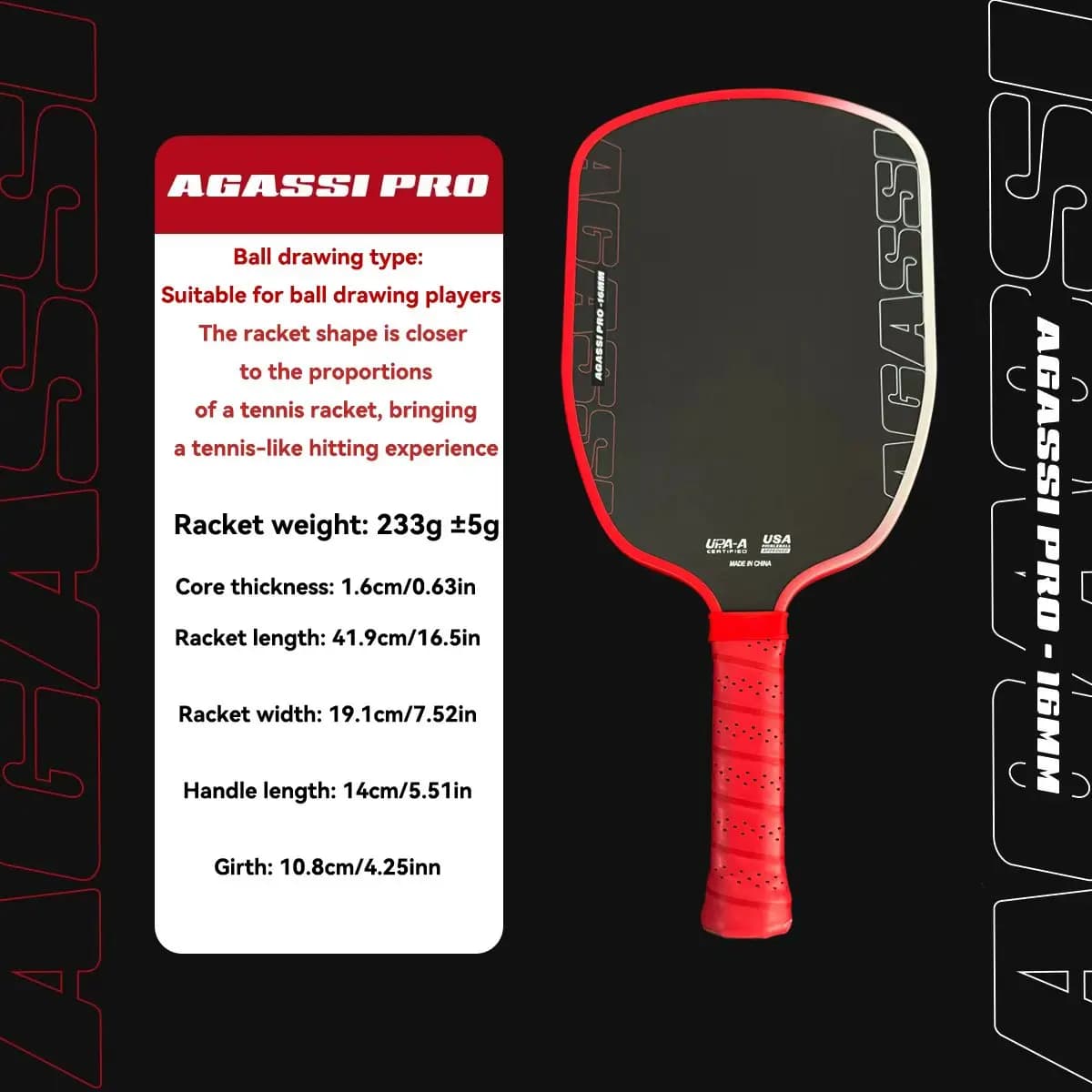 Racchetta da Pickleball Agassi Pro IV 16mm GEN 4 con Nucleo in Schiuma TFP e Fibra di Carbonio T700, Aumenta lo Spin e il Controllo