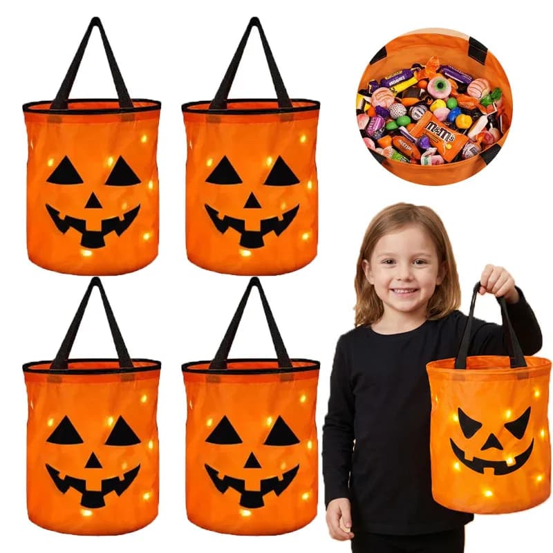 1-10PC LED Halloween Pumpkin Basket Light Up Candy Tote Bag for Kids Trick or Treat Party Holiday Decoration Gift Bucket