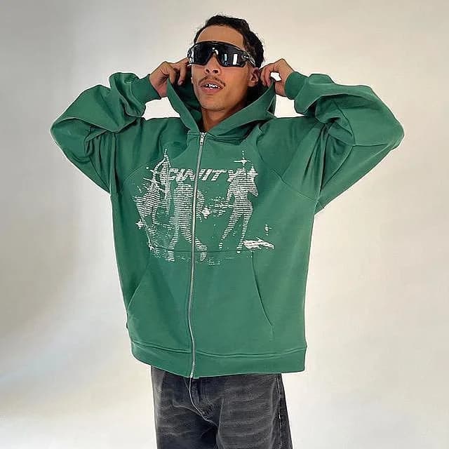 Felpa con Cappuccio Y2K Hiphop con Zip, Stile Streetwear Harajuku, Stampa Anime, Manica Lunga, Casual e Comoda, Foderata in Pile