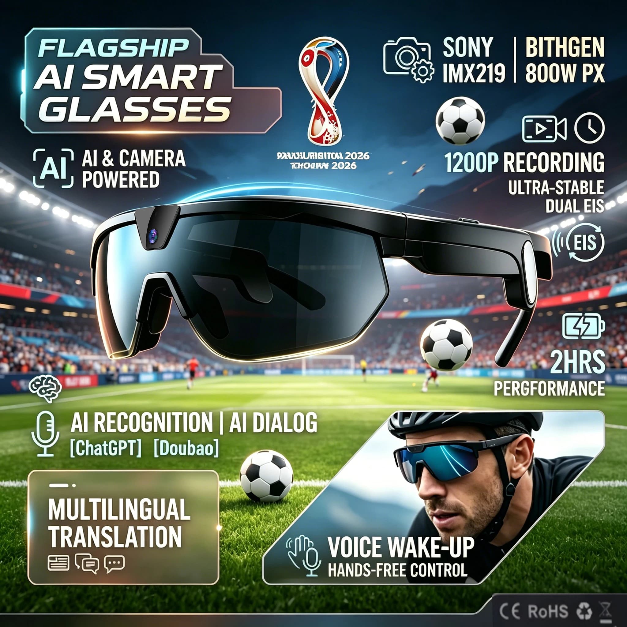 New AI Camera Glasses 30MP Photo 1200P Video Bluetooth 5.3 WiFi Open Ear Speaker Cancel Real-Time Translate 2026 World