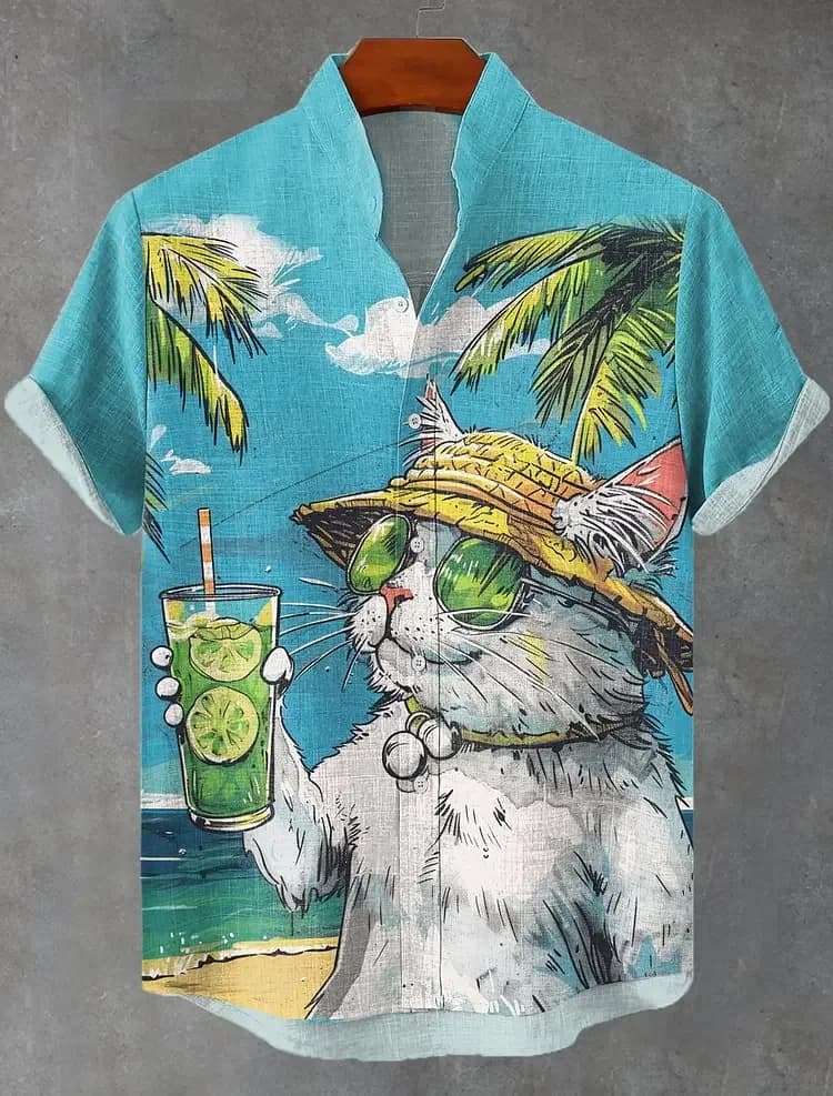 Camicie da spiaggia con stampa gatto divertente da uomo Camicia hawaiana con stampa completa 3D per uomo Donna Camicetta estiva Aloha a maniche corte con risvolto