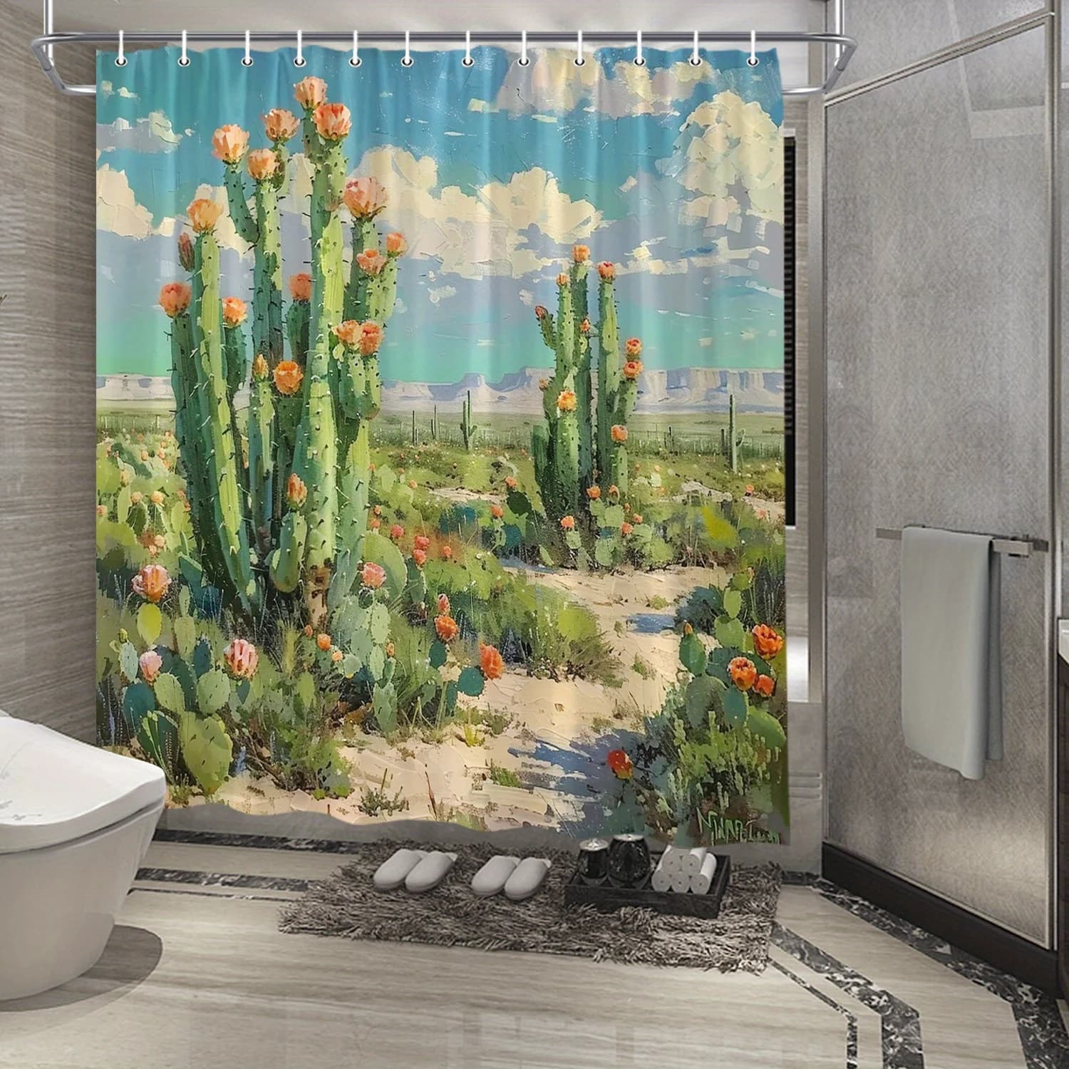 Tenda da doccia impermeabile Desert Bloom Cactus Landscape per l'arredamento del bagno con design elegante e materiale durevole
