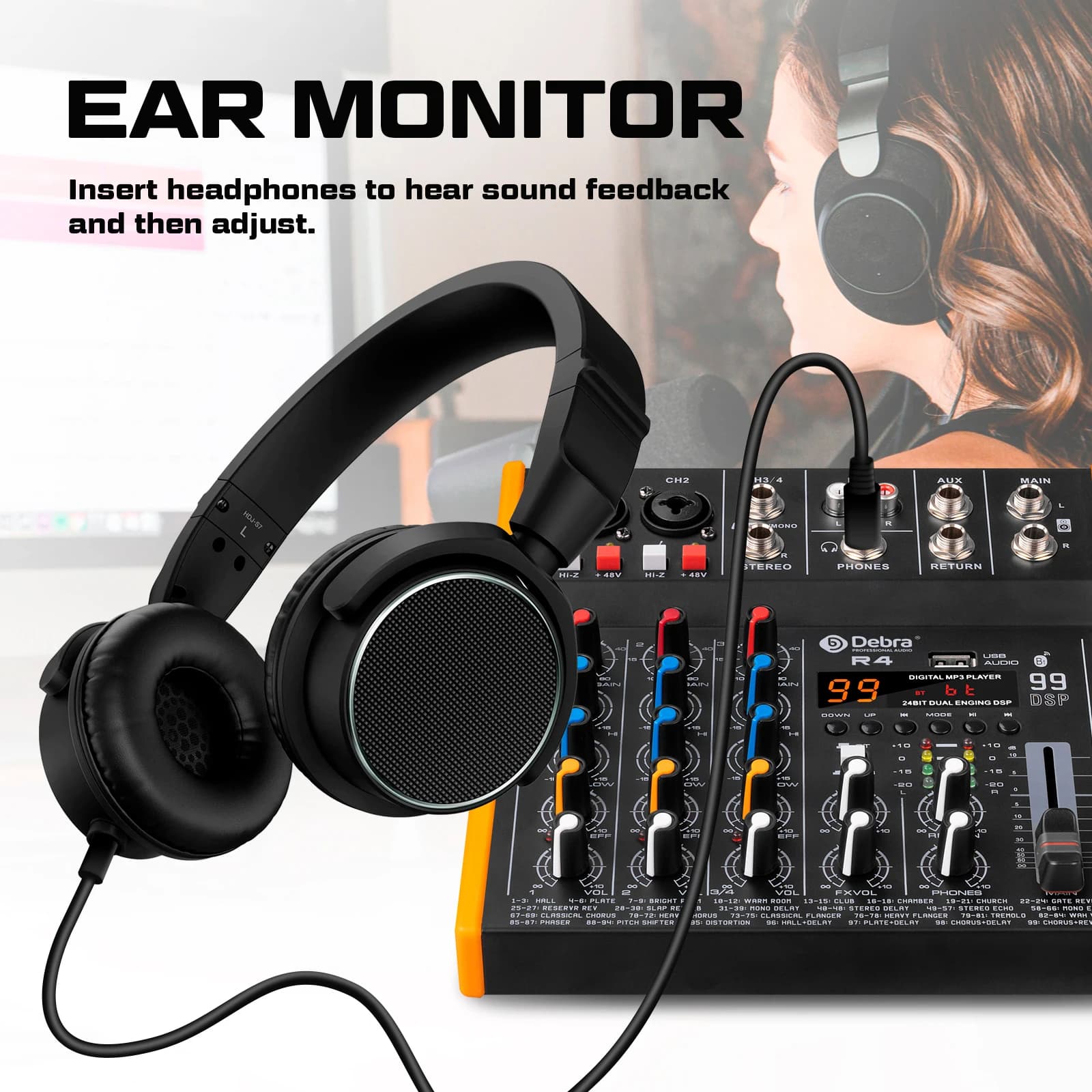 Mixer audio multiplo Debra R4/R6 a 6 canali con 99DSP, controller DJ stereo, uscita da 6,5 mm, scheda audio Type-C per mixaggio dal vivo e registrazione su PC