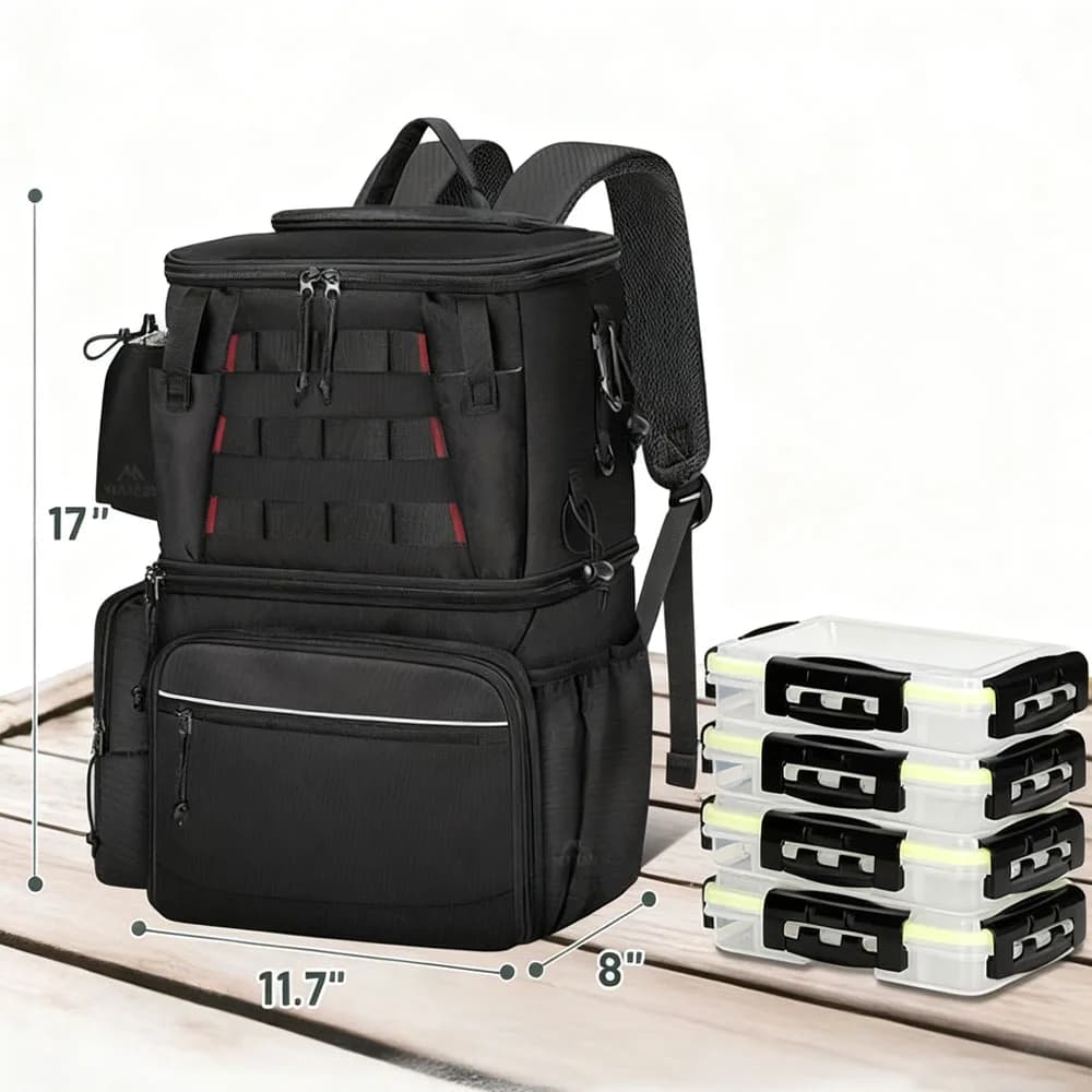 Fishing backpack, water resistant fishing gear bag 4 boxes for equipment, 40/26 liters fishing gear bag