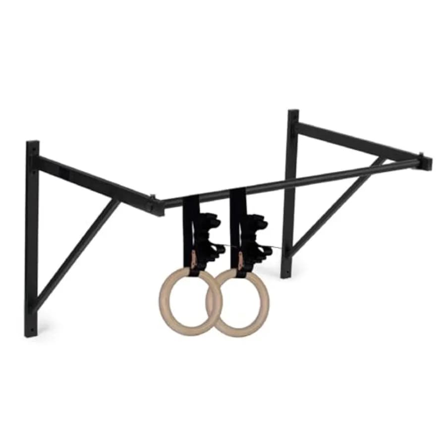 8 Inch Wall Traction Bar 1.5 Inch Wooden Gymnastic Rings. Thick belts for heavy loads and