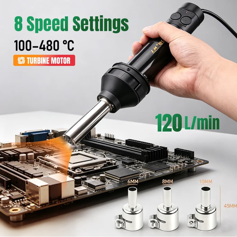 Hot Air Gun 100-480℃ 8 Speed Adjustable Heat Gun Portable SMD Rework Station with Nozzles for PCB Phone & Laptop Repair